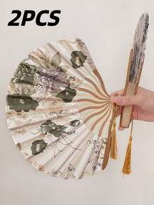 2pcs Vintage Floral Folding Fan With Tassel And Fan Sleeve– Handcrafted Chinese Style Dance Accessory, Portable And Decorative For Everyday Use And Special Occasions - 2PCS - 查看 1