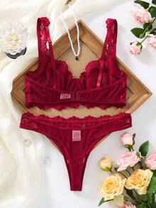 Bộ 2 món nội y nữ gợi cảm, áo bralette không gọng ren hoa đỏ rượu vang phối lưới xuyên thấu - Đỏ - Xem 3