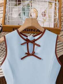 Left Mama Girls Elegant Hollow Bowknot Sleeveless Dress, Summer - Baby Blue - View 4