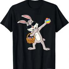 Men's And Women's 220g Pure Cotton Short-Sleeved T-Shirt With A Dancing Rabbit And Easter Egg Print. Thick, Wrinkle-Resistant Fabric That Won't Easily Lose Its Shape. Simple And Versatile Style, Lightweight And Breathable, Perfect For Work, Travel, Camping, Shopping, And Leisure. - 黑色 - 查看 1