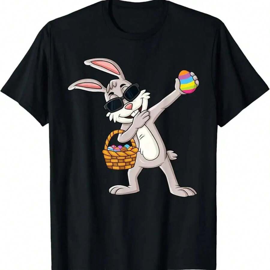 Men's And Women's 220g Pure Cotton Short-Sleeved T-Shirt With A Dancing Rabbit And Easter Egg Print. Thick, Wrinkle-Resistant Fabric That Won't Easily Lose Its Shape. Simple And Versatile Style, Lightweight And Breathable, Perfect For Work, Travel, Camping, Shopping, And Leisure. - 黑色 - 查看 1