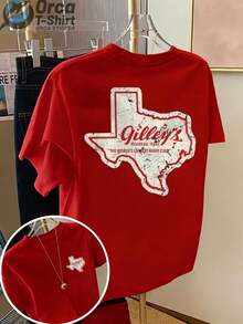 Camiseta de manga corta de estilo casual vintage, con estampado en la parte delantera y trasera, que presenta un mapa de Texas y el diseño de la palabra "Gilley's", adecuada para el uso diario en verano, ideal como regalo para parejas y amigos. - Rojo - Ver 12