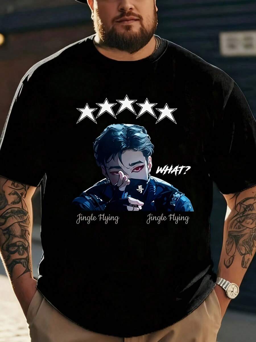 Five-Star T-Shirt, Plus Sizes XL To 5XL, 200 G/M² Crew Neck T-Shirt - Loose-Fitting Sweatshirt, Suitable For Casual And Formal Occasions - Breathable And Machine-Washable Sports Top, Plus Men's T-Shirts, Women's Oversized T-Shirts, Y2K Women's Shirt, Casual Blouse, Elegant Blouse, Offers - 黑色 - 查看 1