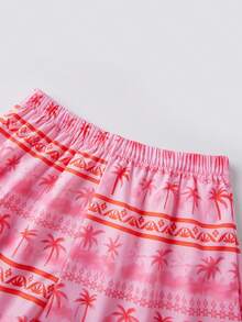 Womens Summer Pajamas Set Coconut Tree Print Button Down Short Sleeve Tops With Shorts Lounge Wear 2 Pcs Set - Pink - View 8