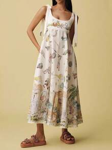 Printed Midi Dress With Straps, 2026 Style, Elegant And Casual Holiday Fashion - 白色 - 查看 2