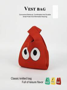 1 pieza Bolso de mano plegable de punto hueco de unicolor y ligero, adecuado para mujeres/niñas para uso diario, vacaciones, escuela, viajes, todo el año - Rojo - Ver 4