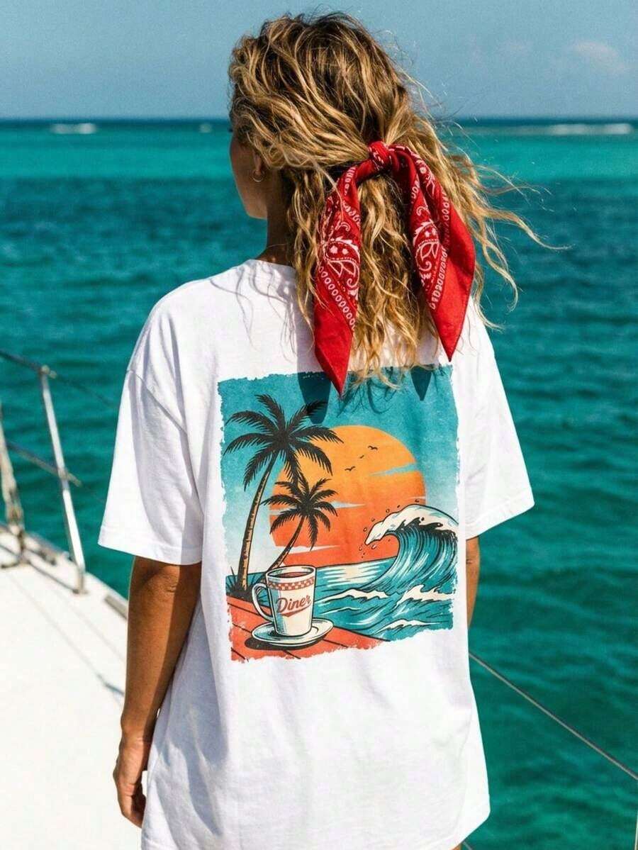 Camiseta de mujer estilo Y2K con hombros caídos, estampado vintage de palmeras, atardecer y café, manga corta, estilo retro de los 90, top casual holgado para vacaciones, camiseta con gráfico de playa y surf con efecto desgastado, ropa estética E-Girl, atuendo moderno estilo Y2K, tops casuales de verano para salir, perfecta para uso diario, regreso a clases, citas, vacaciones en la playa, viajes en yate, viajes, festivales de música, raves, fiestas, estilo urbano, club, para ir al trabajo, esencial para el verano de chicas modernas, camiseta casual para tallas grandes, ropa de moda para mujer, playera gráfica oversize para mujer, casual de verano. - Blanco - Ver 1