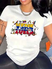 Minimalist Women's T-Shirt With A Print, Round Neck, Knit Fabric, 220 G/M², A Fashionable T-Shirt For All Seasons. Graphic Print T-Shirt, Short Sleeves, Round Neck, Casual Top For Summer And Spring, Women's Clothing, 220 G. Simple Solid Color T-Shirt For Women, Loose And Fitted Cut, Casual Short Sleeves. - 白色 - 查看 6