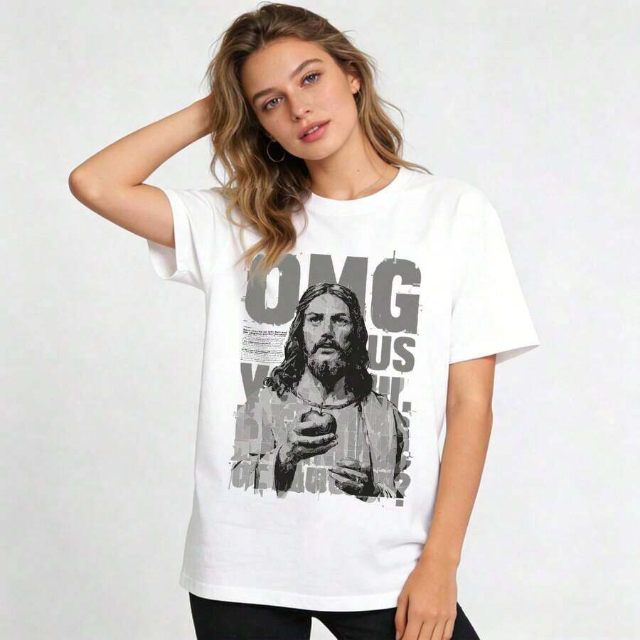 Camiseta de manga corta casual de algodón para mujer Tee1 Piece con estampado gráfico humorístico de Jesús, cuello redondo y corte regular, ideal para estilos de ropa casual de uso diario. Camiseta de manga corta / tee de manga corta 100% algodón. - Blanco - Ver 1