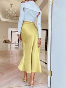 Sollinarry Falda larga de unicolor básica, corte slim, estilo casual de calle para uso diario, elegante en negro para verano y primavera - Amarillo claro - Ver 4