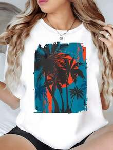 Paisaje tropical con palmeras altas frente a un atardecer cálido y mar sereno que evoca tranquilidad y vacaciones en la  camiseta de mujer casual cómoda para verano - Multicolor - Ver 8