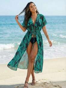 Swim Vcay Kimono con estampado tropical de cintura con cordón - Multicolor - Ver 3