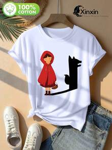 1pc of Women's Pure 100% Comfortable T-shirt, Fashionable Little Red Riding Hood and Wolf Silhouette Pattern Print, Comfortable, Soft and Breathable Casual Summer Top, Machine Washable Fairy Tale Abstract Theme Fashionable and Versatile, TPure Cotton Short-Sleeve Shirt - Negro - Ver 8