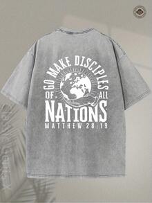 Christian Faith T-Shirt, 230 G/M², With "Disciples Of All Nations" Design And Global Mission, Religious Clothing In Soft Pink, T-Shirt With Biblical Quote From Matthew 28:19, Unisex Style For Church And Street, Machine Washable Travel T-Shirt, Creative Design With Earth Motifs, Soft Fabric. - 灰色 - 查看 4