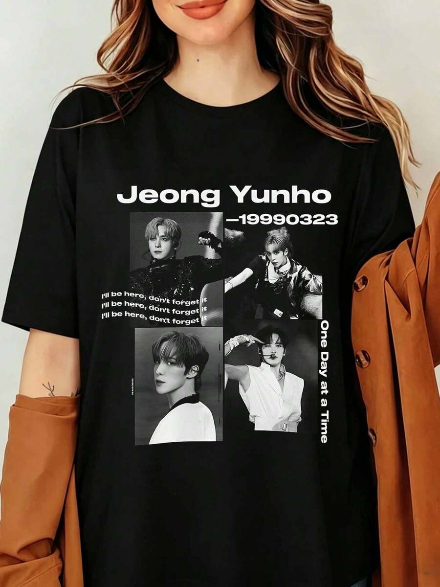 JEONG YUNHO ATEEZS Kpops Member T-Shirt, Retro Portrait Graphic Tee, Aesthetic Idol Photo Merch, ATINY Fandom Streetwear Unisex Black Cotton Short Sleeve Top, Ateezs Yunho T-Shirt - Black - View 1
