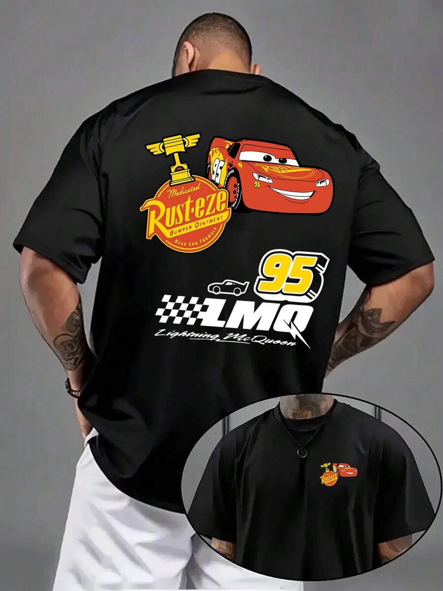 1pc Disney Men's Cars Movie T-Shirt - Lightning McQueen & Racing Cars, Favorite Tee Suitable For Gift, Casual Summer Wear, Parties & Everyday Outfits (Official Merchandise) - 黑色 - 查看 1