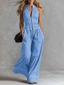 Mono nuevo para mujer, cuello mao, sin mangas, estilo casual, corte holgado, diseño favorecedor, versátil para oficina, looks de día y ocasiones informales - azul cielo - Ver 3