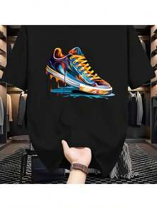 Camiseta de hombre - Camiseta casual de verano de manga corta con cuello redondo y diseño de estampado de zapatillas, top ligero para uso diario, tela elástica, material duradero, estilo urbano, adecuada para un estilo de vida activo. Ideal para fiestas y uso diario, perfecta para vacaciones y momentos de ocio, excelente para fiestas y vacaciones en familia, estilo urbano, moda moderna, atuendo de fiesta, ropa casual de verano. - Negro - Ver 7