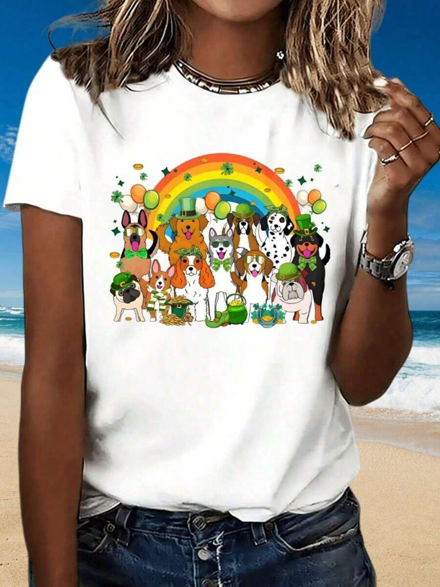 Women's St. Patrick's Day T-Shirt With Rainbow And Shamrock Print, Casual Style With Cartoon Animal Print, Summer Beachwear - 白色 - 查看 1