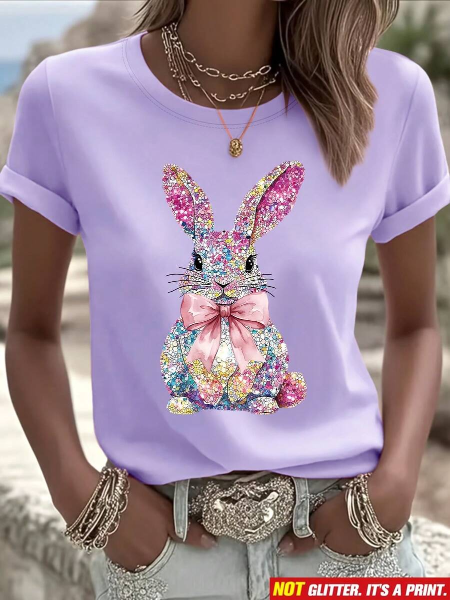Camiseta manga corta cuello redondo 100% algodón, estampado trendy, tejido ligero y ventilado, estilo moda casual, apta para vida diaria, salidas informales y citas en primavera, verano y otoño - Morado claro - Ver 1
