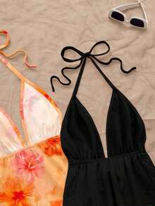 2 piezas Conjunto de top sin espalda con cuello halter y estampado floral de contraste de color, adecuado para verano, salidas, fiestas, bodas, cumpleaños, elegante - Multicolor 12 - Ver 6