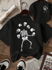 Esqueleto divertido malabarista sosteniendo calaveras que simbolizan el equilibrio entre la vida y la muerte con toque humorístico camiseta de mujer de doble cara moderna y original - Negro - Ver 8