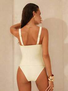 Swim Chiccia Conjunto de tankini de unicolor metálico elegante con tirantes ajustables y Bottom de cintura alta, set de 2 piezas - Beis - Ver 2