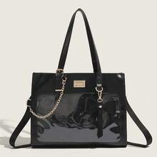 Sac fourre-tout de grande capacité décoré d'un nœud papillon, sac à main transparent et mignon pour jeunes femmes, sac bandoulière pour le travail avec option de porter à la main - Noir - Voir 1