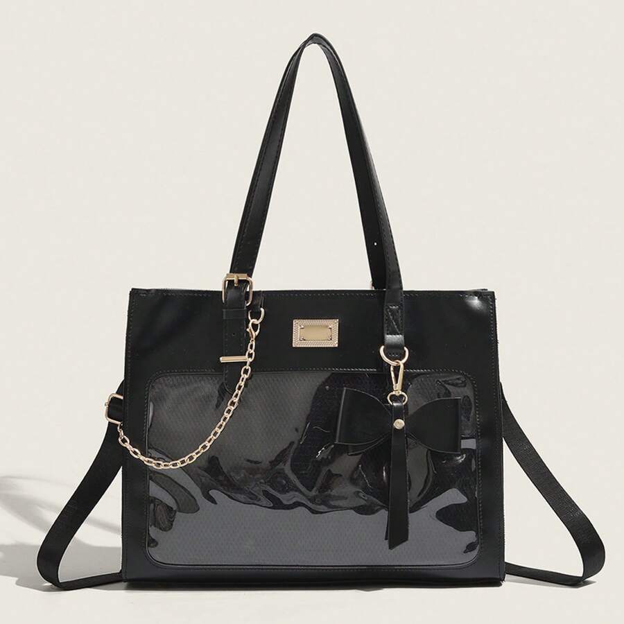 Sac fourre-tout de grande capacité décoré d'un nœud papillon, sac à main transparent et mignon pour jeunes femmes, sac bandoulière pour le travail avec option de porter à la main - Noir - Voir 1
