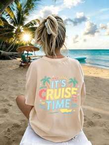 Camiseta Blanca Mujer con Estampado de Playa, Estilo Casual - Negro - Ver 9