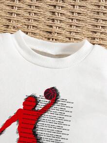 Baby Boy Cartoon Print Round Neck Long Sleeve Warm Sweatshirt And Long Pants Set - White - View 3