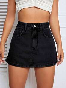 Falda mini de mezclilla lavada casual para mujer, verano - Negro - Ver 1