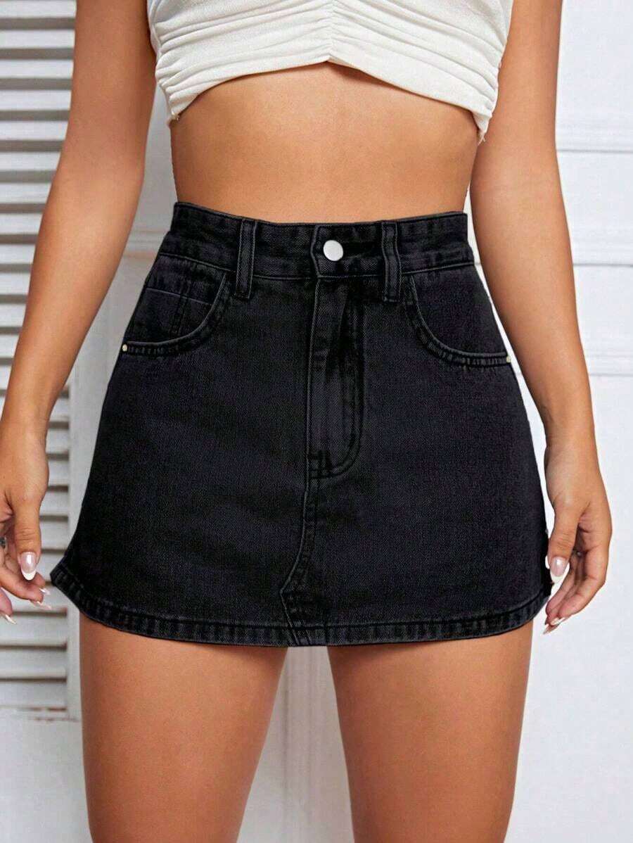 Falda mini de mezclilla lavada casual para mujer, verano - Negro - Ver 1