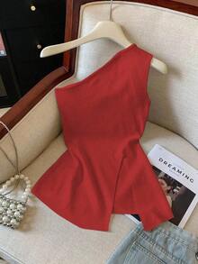 Camiseta elegante de unicolor con cuello asimétrico y abertura - Rojo - Ver 1