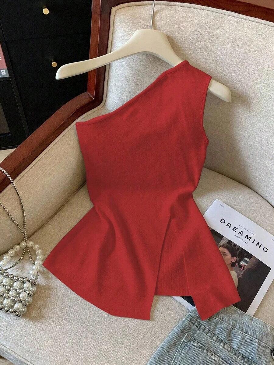Camiseta elegante de unicolor con cuello asimétrico y abertura - Rojo - Ver 1