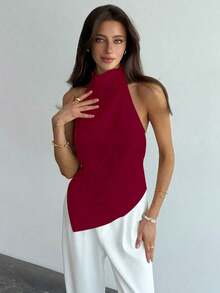 Top sin espalda con cuello halter y bajo asimétrico de unicolor púrpura para mujer, verano, vacaciones.Sencillo y elegante para uso diario y oficina. - Rojo - Ver 4