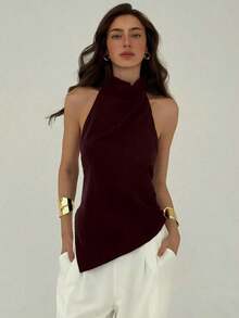 Blusa de mujer de unicolor con cuello halter, pliegues y bajo asimétrico - Rojo 2 - Ver 8