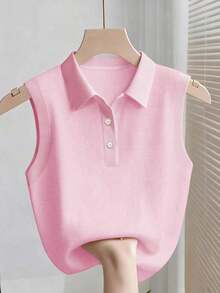 Camiseta sin mangas de mujer de punto acanalado, elegante y de moda - Rosa - Ver 1