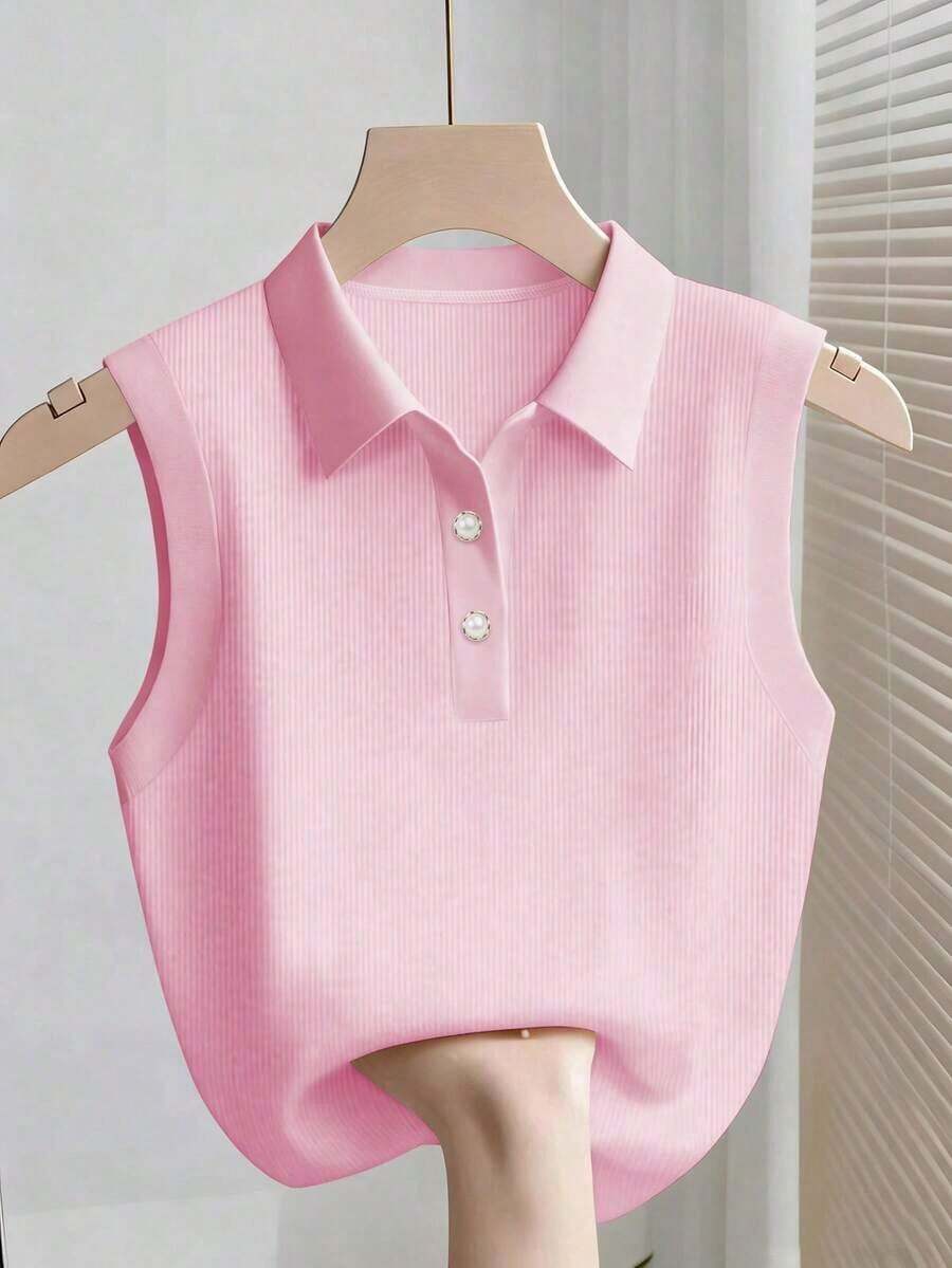 Camiseta sin mangas de mujer de punto acanalado, elegante y de moda - Rosa - Ver 1