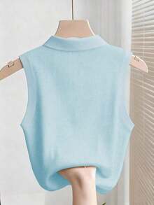 Camiseta sin mangas de mujer de punto acanalado, elegante y de moda - Azul - Ver 2