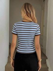 Camiseta de manga corta ajustada de cuello redondo minimalista casual para mujer, adecuada para primavera/verano - Multicolor 7 - Ver 2