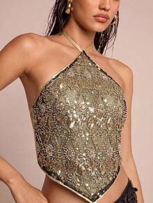 Glamour Nuevo top de verano bohemio de mujer para vacaciones, con escote halter sin espalda y tela con cuentas especiales en la espalda.Vestido de vuelta al colegio, vestidos de mujer para salir, tops de mujer estilo Y2K lindos - Amarillo - Ver 7
