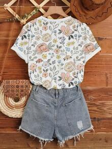 Camiseta casual de mujer de manga corta, cuello redondo, con estampado floral de verano - Blanco - Ver 2