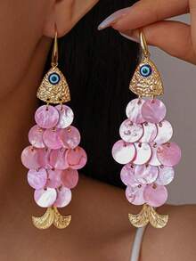 1 Pair Creative Fish Shaped Shell Tassel Earrings, Elegant Personalized Accessories With Beach Vacation Vibe - hồng - Xem 5