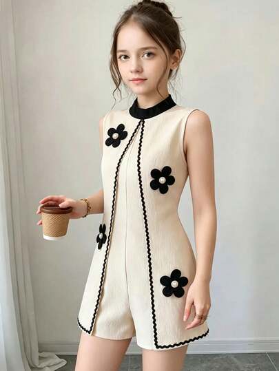 8-12 Years Old Girls' Jumpsuit, Colorblock Floral Decor Sleeveless 2 In 1 Open Front Jumpsuit, Suitable For Summer Beach Vacation, Outdoor Family Activities, Daily Wear
