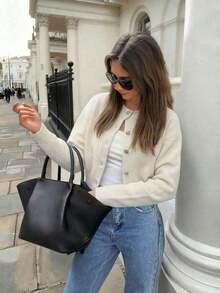 Nuevo cárdigan de punto de manga larga con cuello redondo y abotonadura sencilla en gris vintage para mujer, de estilo primavera y otoño, de moda casual minimalista y versátil, adecuado para el uso diario - Albaricoque blanco - Ver 3