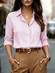 Camisa de manga larga a rayas clásica para mujer, con cuello, diseño de botones delanteros, decoración de bolsillo, adecuada para oficina y uso casual en primavera, verano, otoño e invierno - Rosa - Ver 6