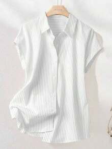 Camisa de manga corta a rayas vintage, de moda para ir al trabajo en verano - Blanco - Ver 8