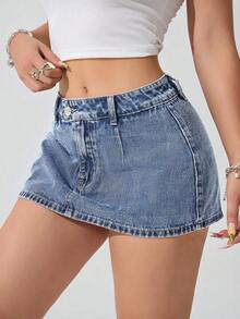Falda mini de mezclilla lavada informal para mujer - Niebla azul - Ver 7