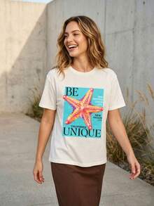Camiseta de punto casual de manga corta para mujer con cuello redondo y estampado de estrella de mar, top de longitud regular con hombros caídos para salidas a la playa. FKGN - Blanco - Ver 6